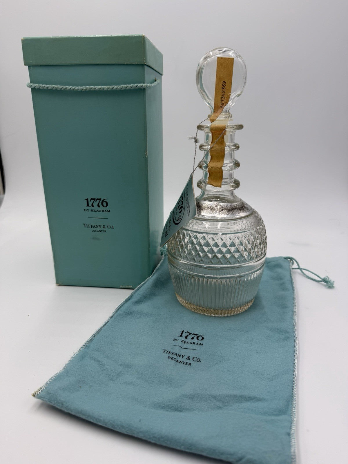 Tiffany & Co 1776 Seagrams Decanter Clear Glass Box Bag Tag Stopper 10.5" Vtg