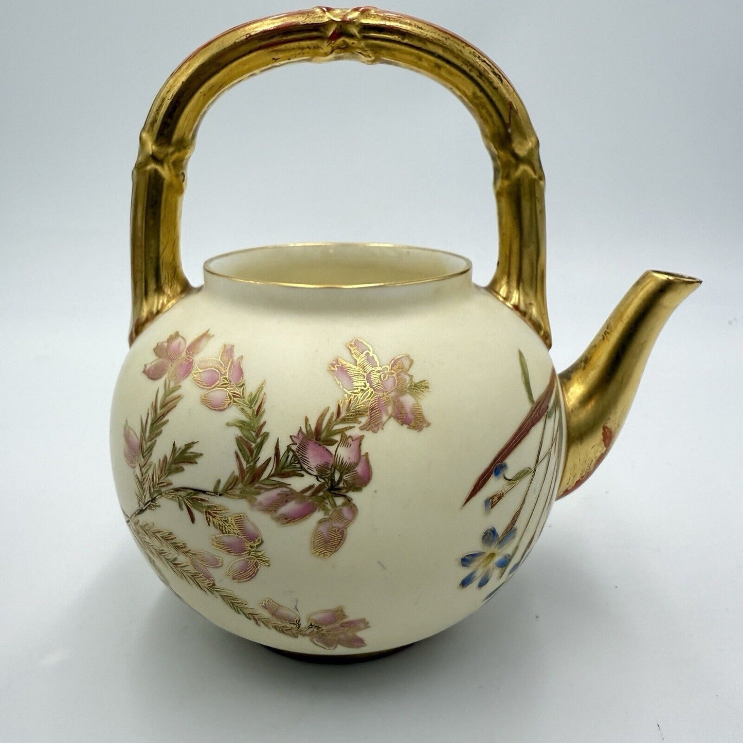 1885 English Victorian Royal Worcester Porcelain Floral Handle Teapot (No Lid )