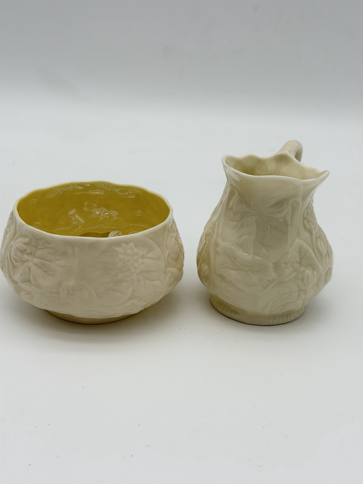 Belleek Ireland porcelain Lotus pattern creamer and open sugar bowl set Vintage