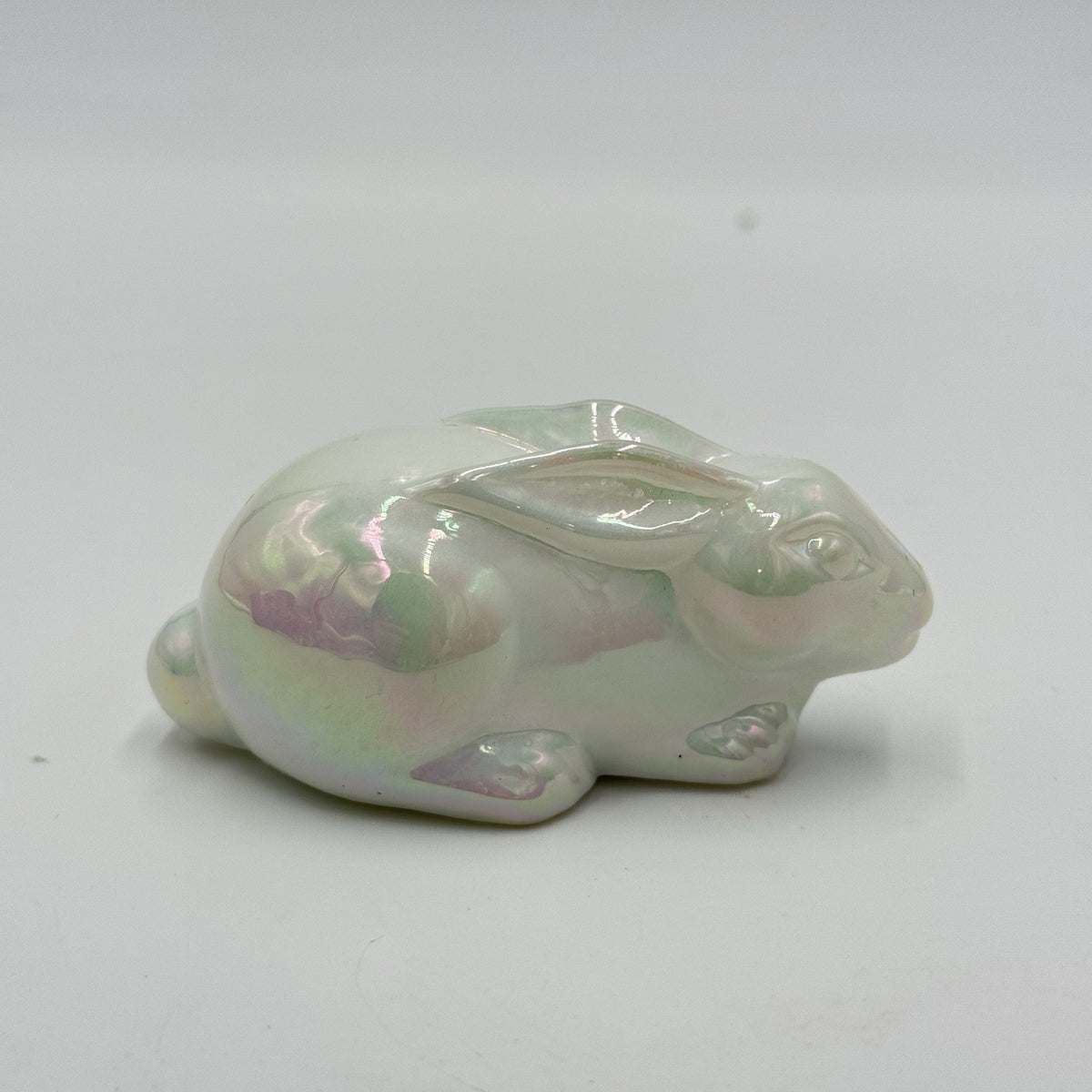 Vintage Mosser Art Glass Iridesent Bunny Rabbit Figurine White Small Easter 1”x3