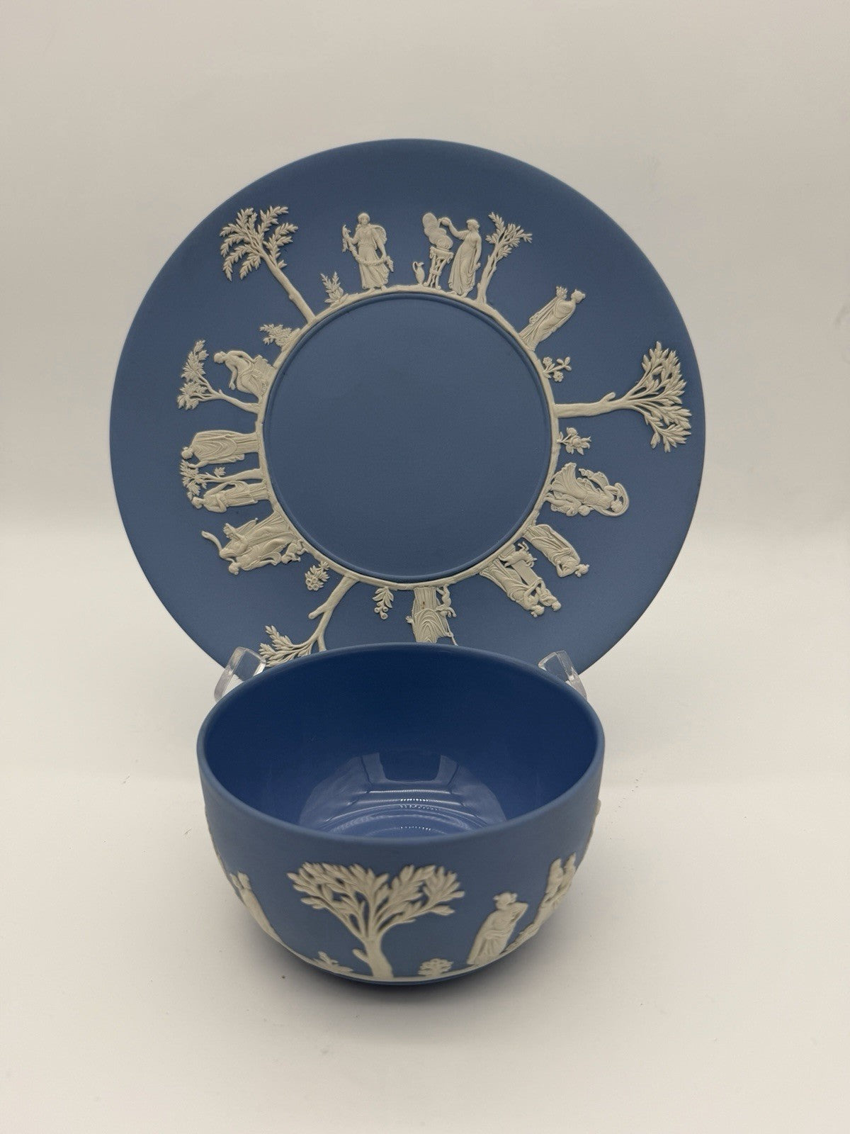 Wedgwood Jasperware England Blue/white Plate & Bowl Porcelain Set Vintage