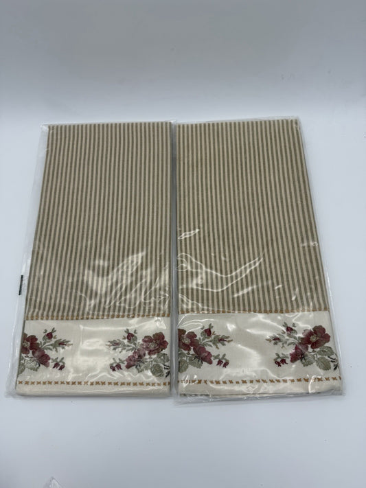 Pottery barn stripe embroidered floral kitchen towel Cotton Beige Flowers Set 2