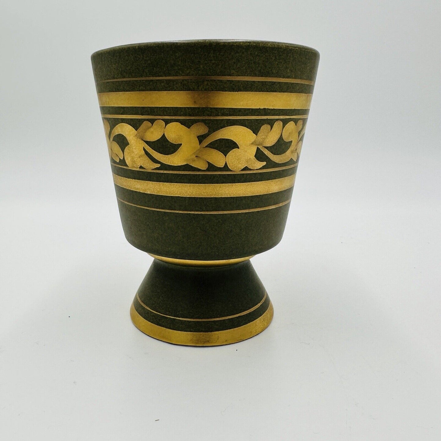 Vee Jackson Vase California Pottery Footed Planter Green Gold Trim MCM