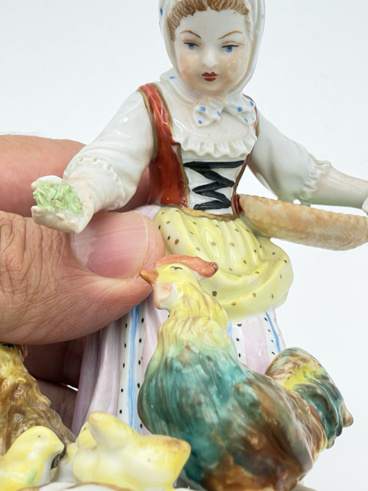 Antique Carl Thieme Dresden Germany Porcelain Painted Girl Feeding Chicken Figur