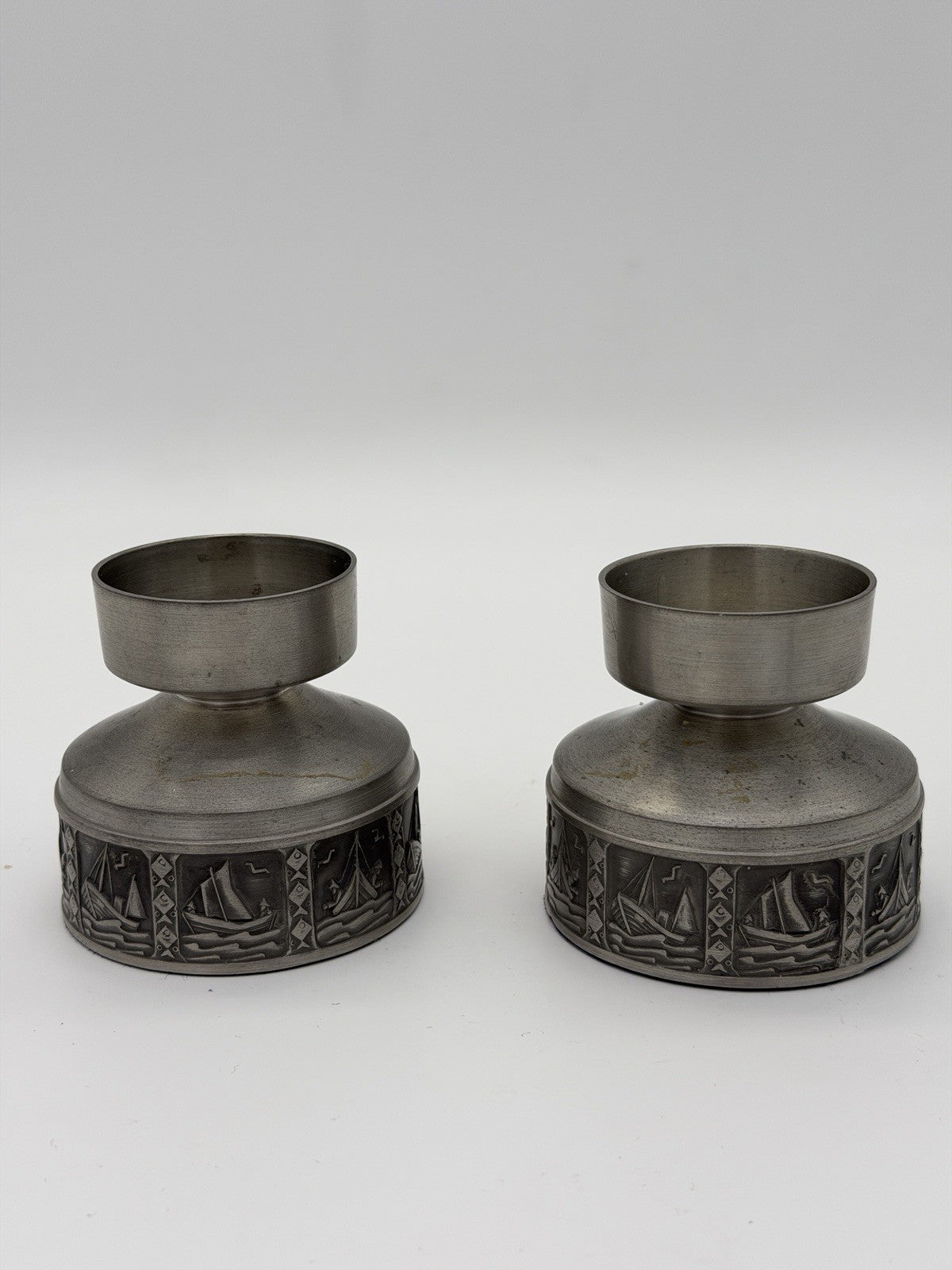 Selandia Norway Pewter Short Candlestick 1960’s Nautical Sailing Boat 2.5”H Pair