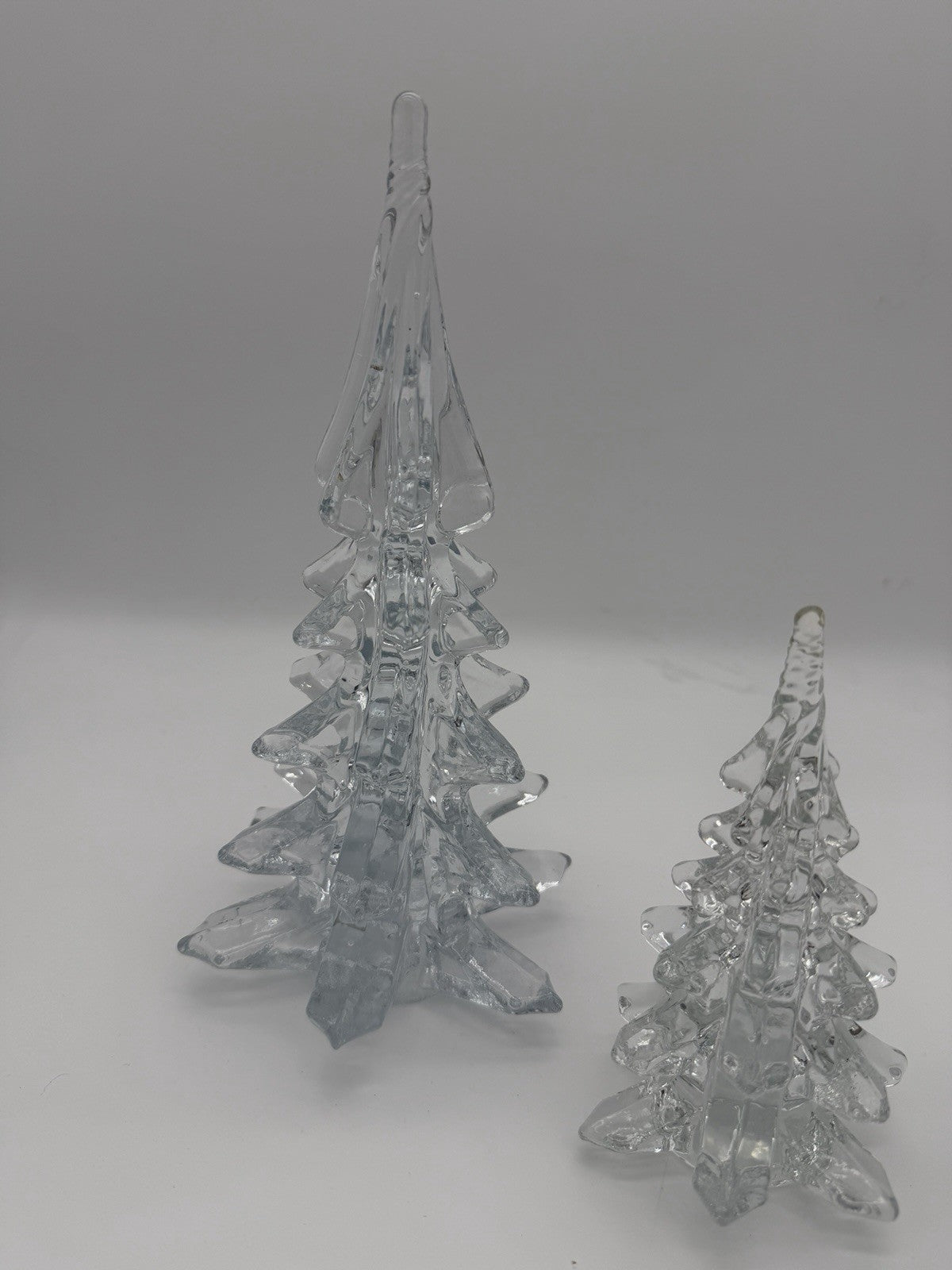 Vintage Silvestri Handcrafted Clear Art Glass Christmas Trees 10.5”&6” Figurines