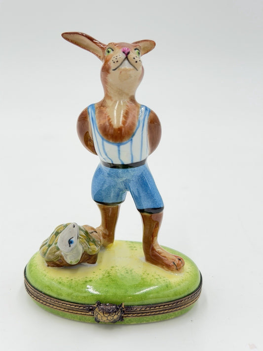 Rare Limoges France Porcelain Trinket Box Turtle & the Hare 4.2”H Painted Signed