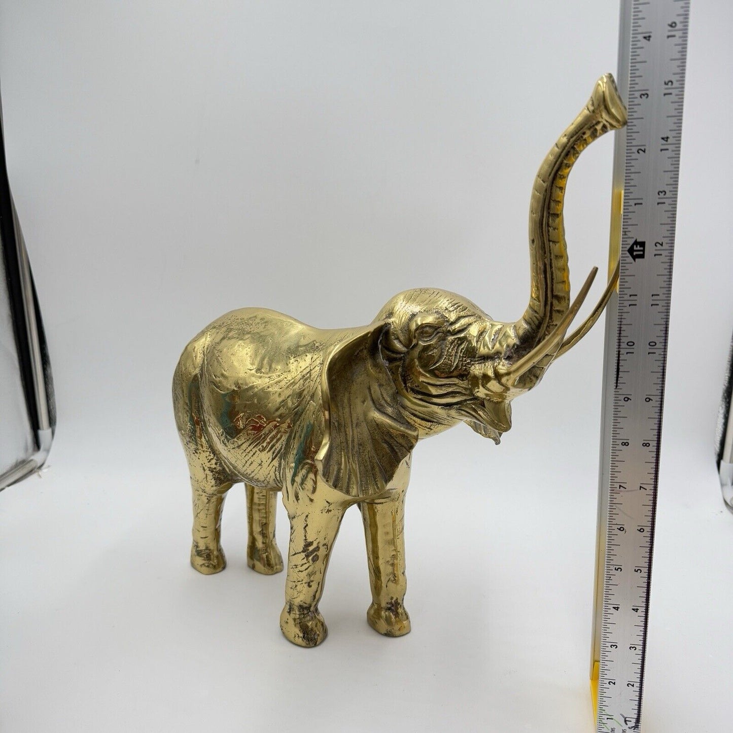 Solid Brass Elephant Sculpture Large 15”Tall Trunk Up Made In Korea Gold Heavy