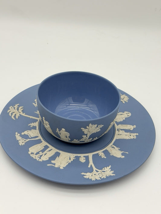Wedgwood Jasperware England Blue/white Plate & Bowl Porcelain Set Vintage