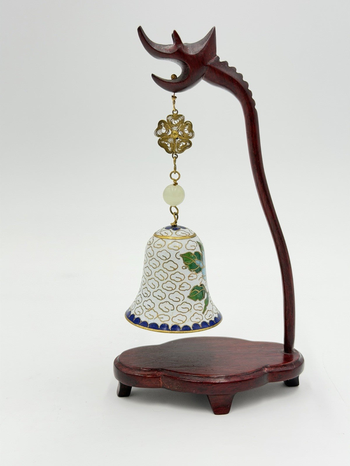 Vtg Chinese Cloisonne Enameled Bell Hanging On Wood Stand 5.75"H White Gold