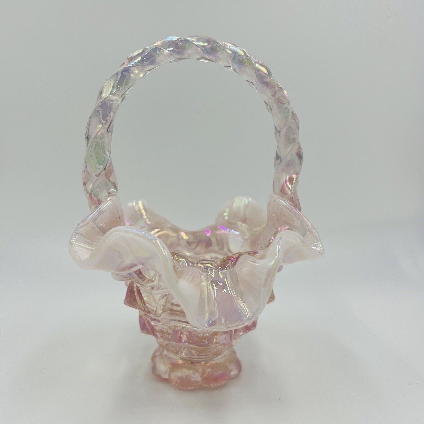 Fenton Basket Butch Wright Carnival Glass Pink Opalescent Home Decor Handle Art