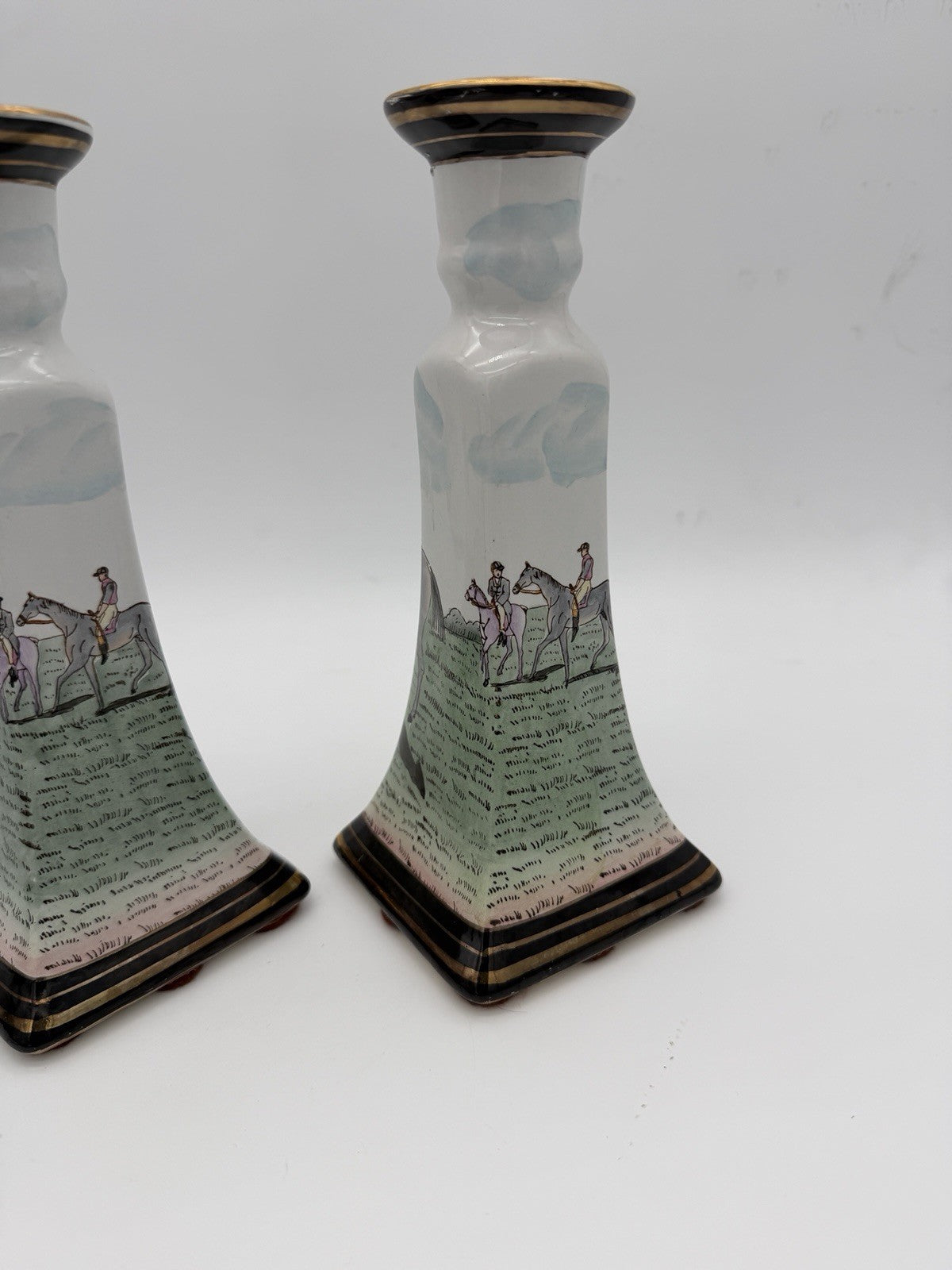 Vintage Chinese Equestrian Hand-Painted Porcelain Candle Holder by Nieman Marcus