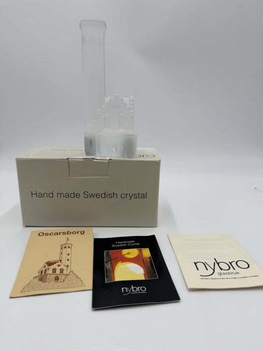 Nybro crystal Sweden votive candle holder Oscarsborg watch tower Box /COA