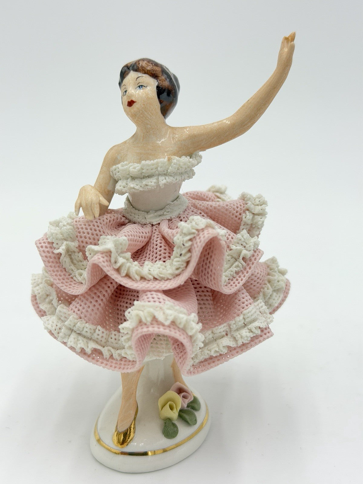 Vintage Karl Klette Dresden Porcelain Ballerina Pink Lace Dress Figurine 4”H