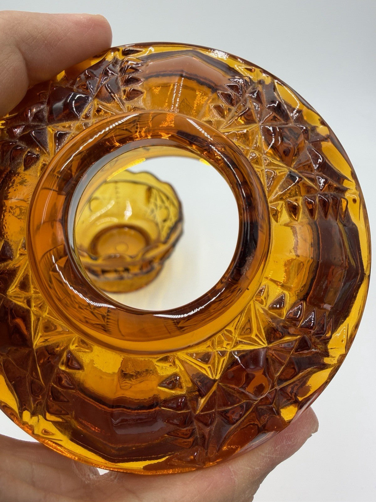 Vintage Indiana Art Glass Amber Stars & Bars Fairy Lamp Candle Holder Votive 7”