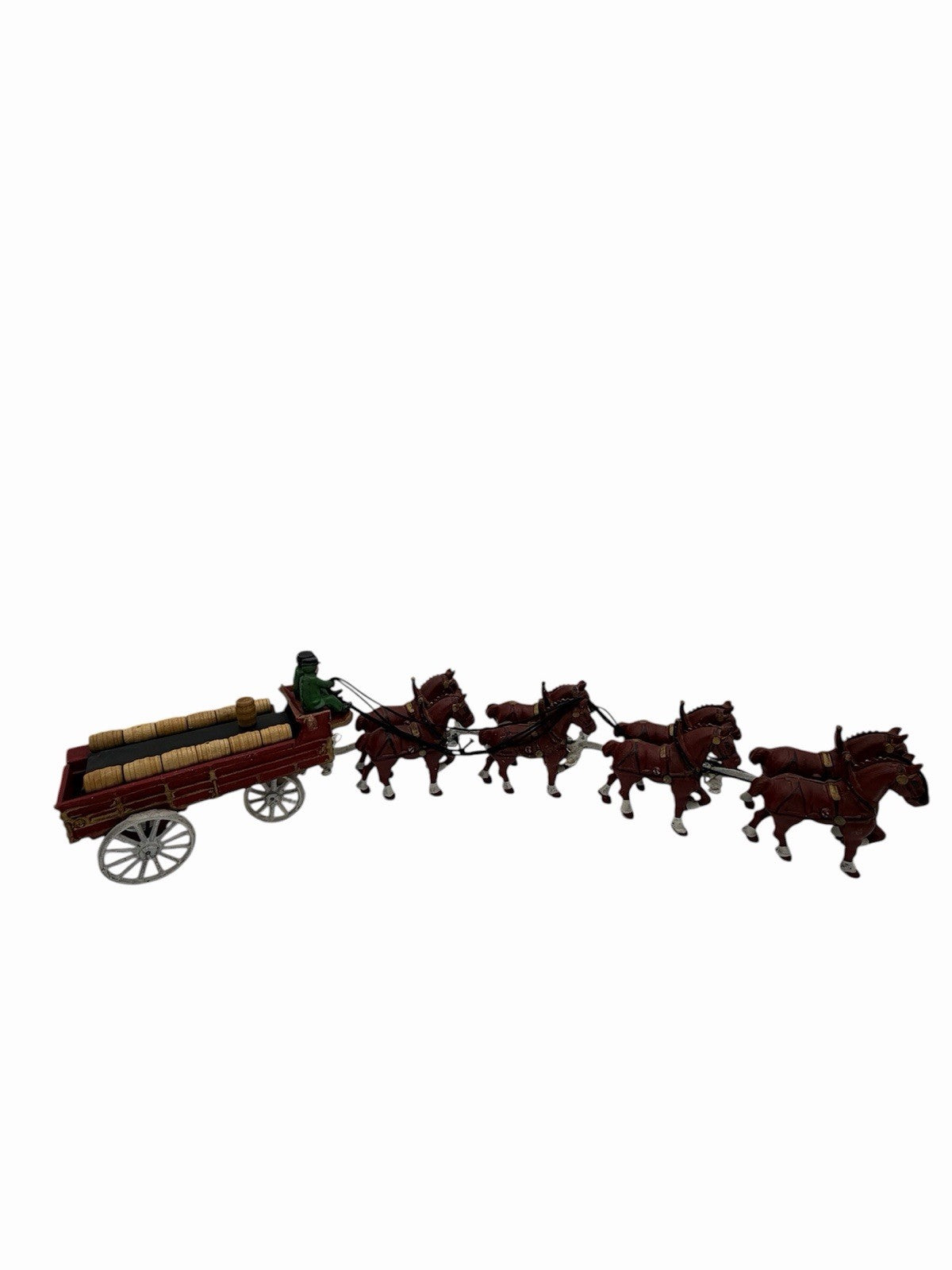 Vintage Budweiser Clydesdale Horse & Beer Wagon Cast Iron Set w/ 11 Wood Barrels