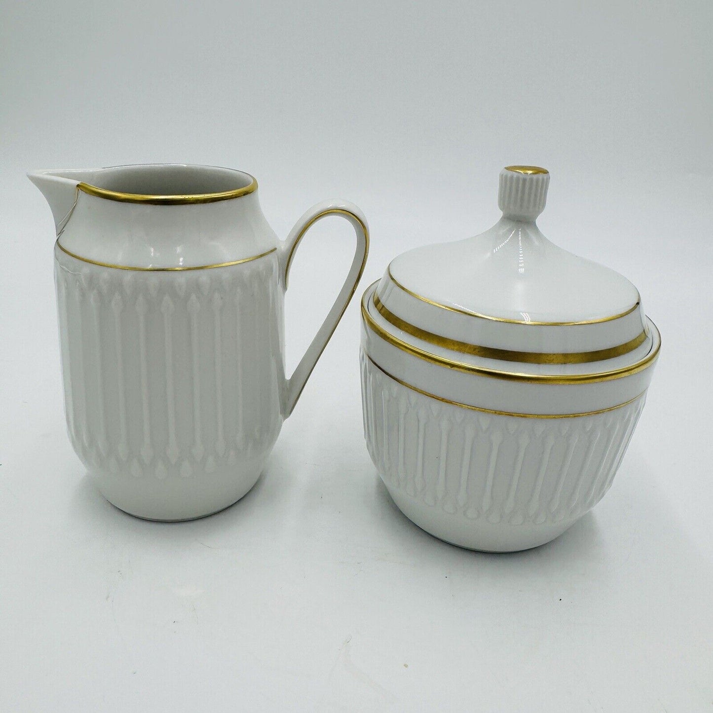 Rare Hutschenreuter Luxor Germany Porcelain 3106 Creamer & Sugar White Gold Trim