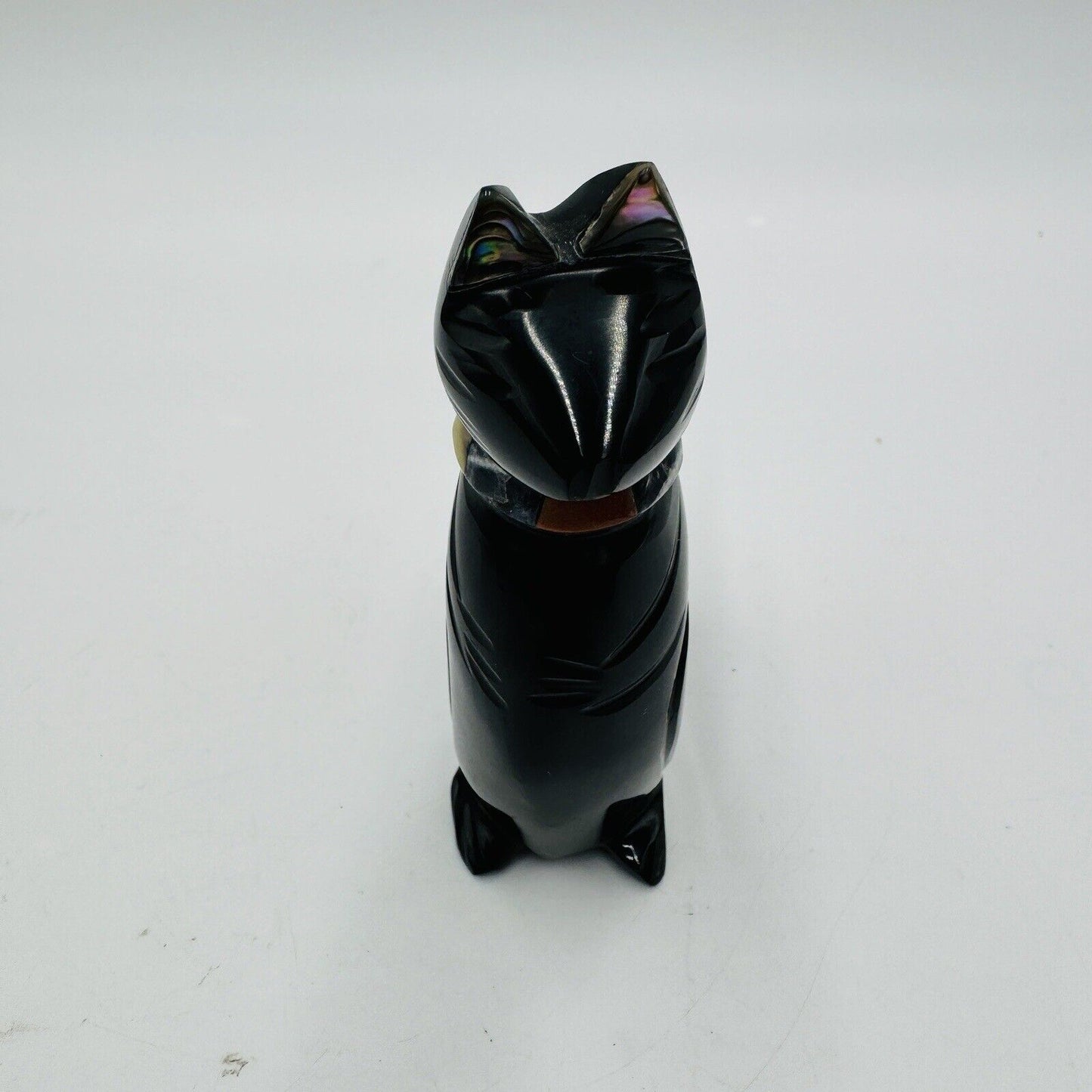 Carved Black Obsidian Cat Figurine Abalone Ears, Gemstone Collar 3.5in Signed