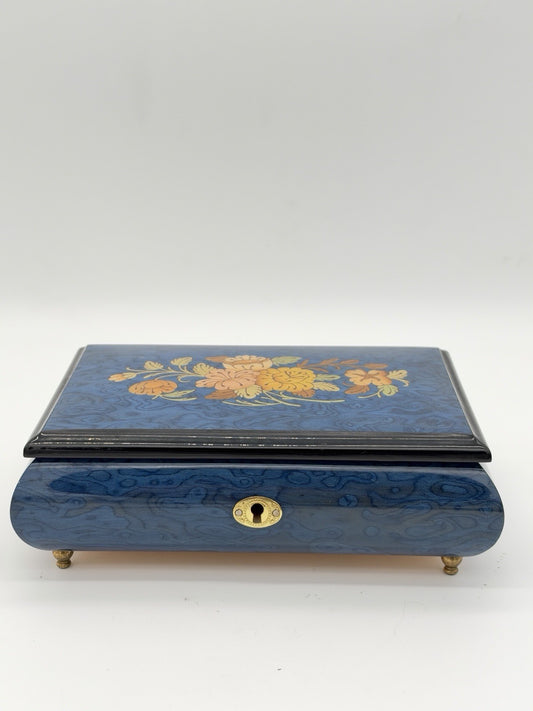 Sorrento Italy Blue Floral Inlay Wooden Music Box Plays Memorie Cats Works