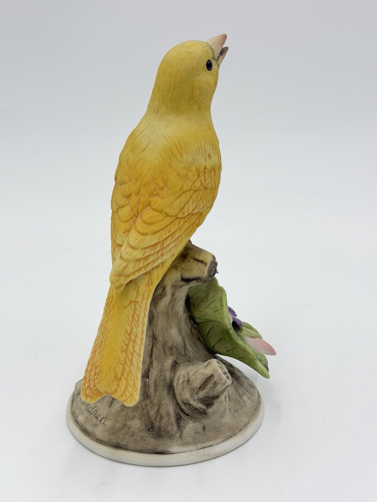 Vtg Andrea by Sadek Yellow Canary with Purple Flower # 8627 Ceramic Signed 6”H