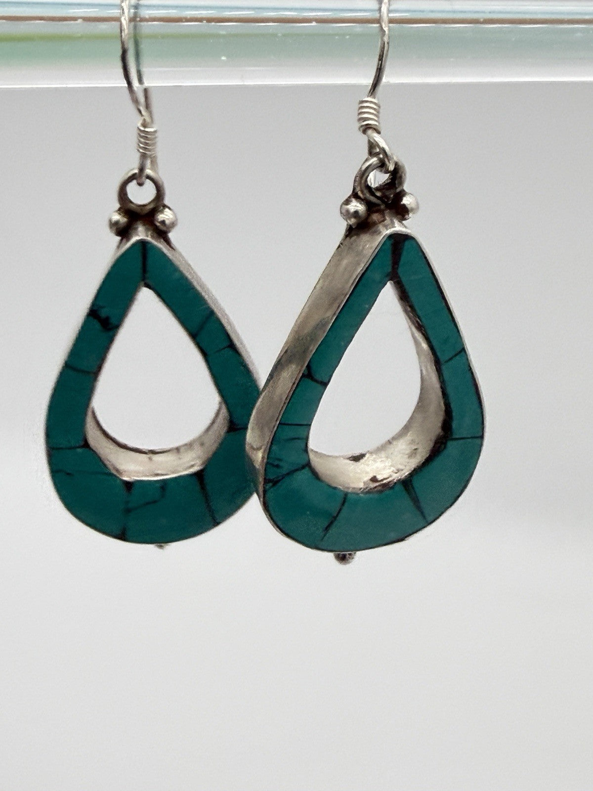 Vintage Sterling Silver Crushed Turquoise Dangle Earrings 925 Jewelry