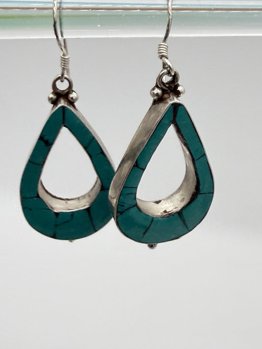 Vintage Sterling Silver Crushed Turquoise Dangle Earrings 925 Jewelry