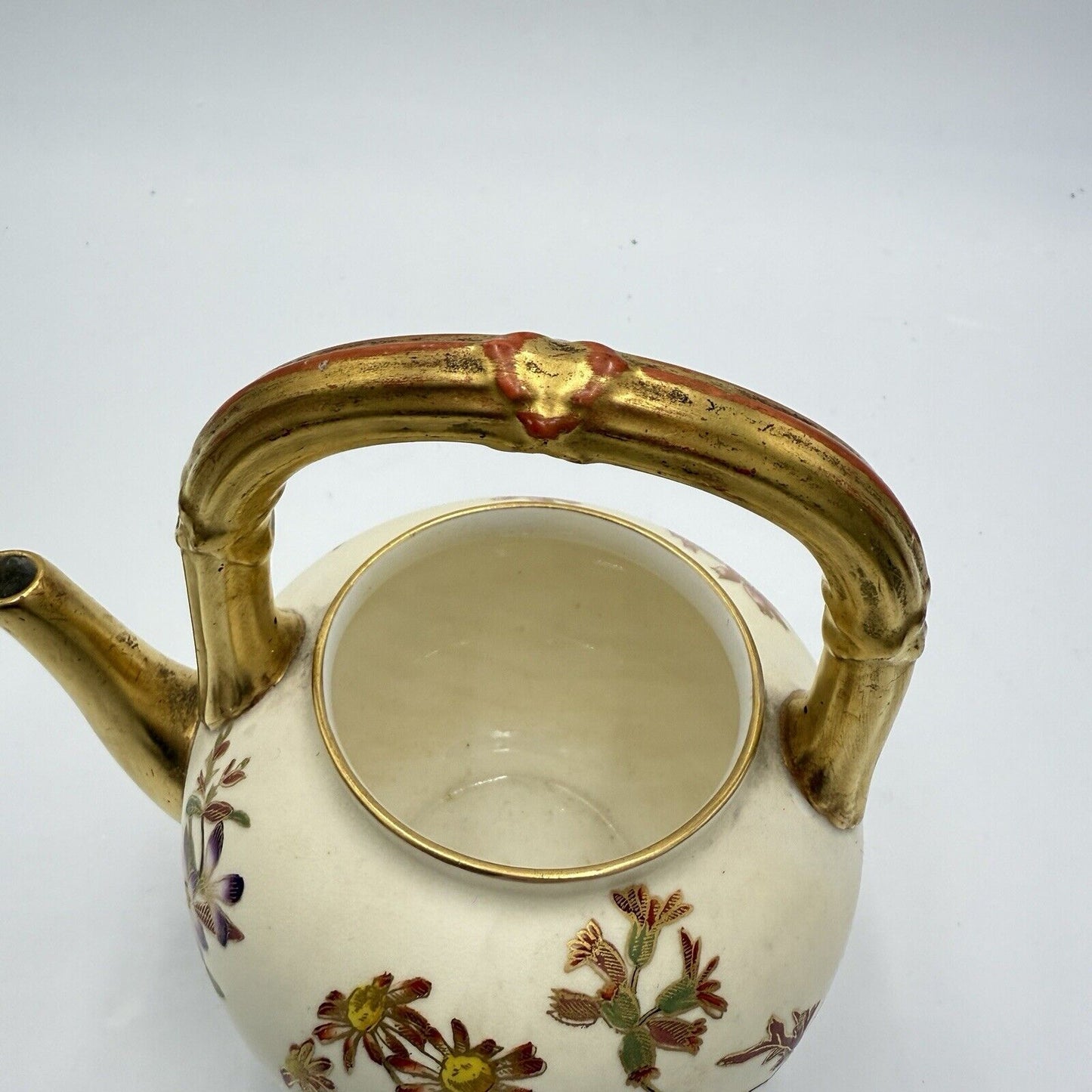 1885 English Victorian Royal Worcester Porcelain Floral Handle Teapot (No Lid )