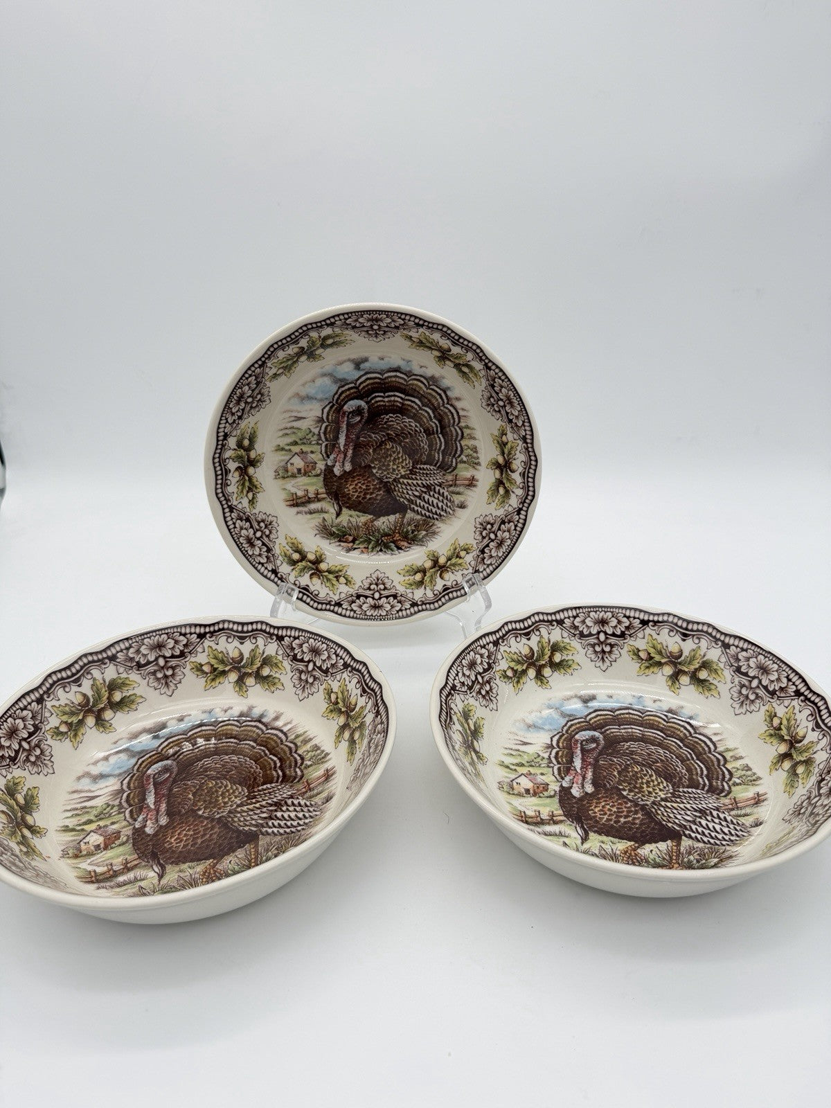 Victorian English Pottery Turkey Bowls Dinnerware Fall Thanksgiving 7”set 3 PCs