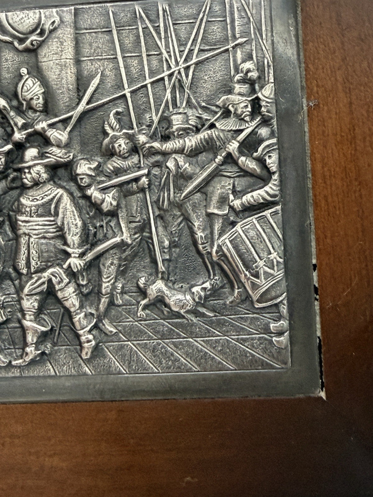 Antique Dutch Silver Mounted Wood Box Keepsake Folk Art Rembrandt’s Night Watch