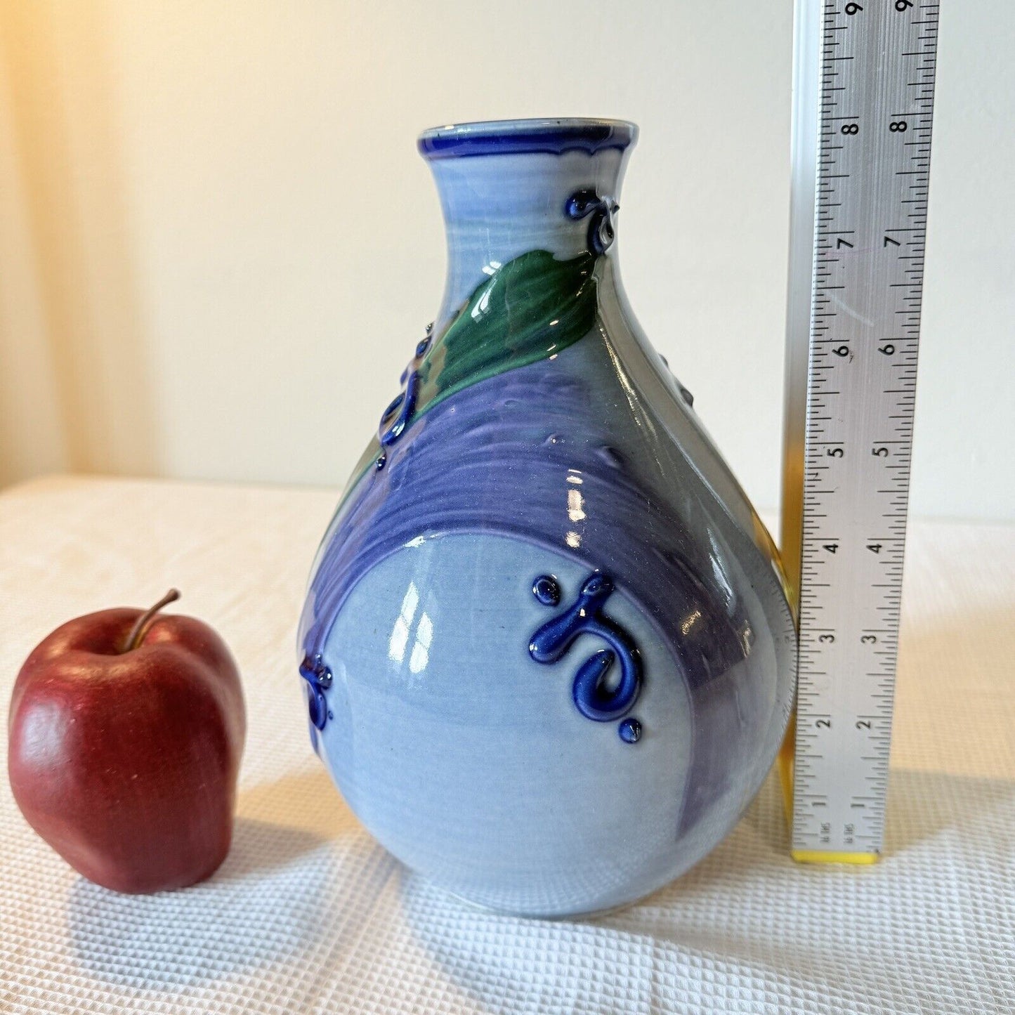 Studio Pottery Flower Vase Blue Purple Drip Ceramic Signed 8in H Swirls Leaf