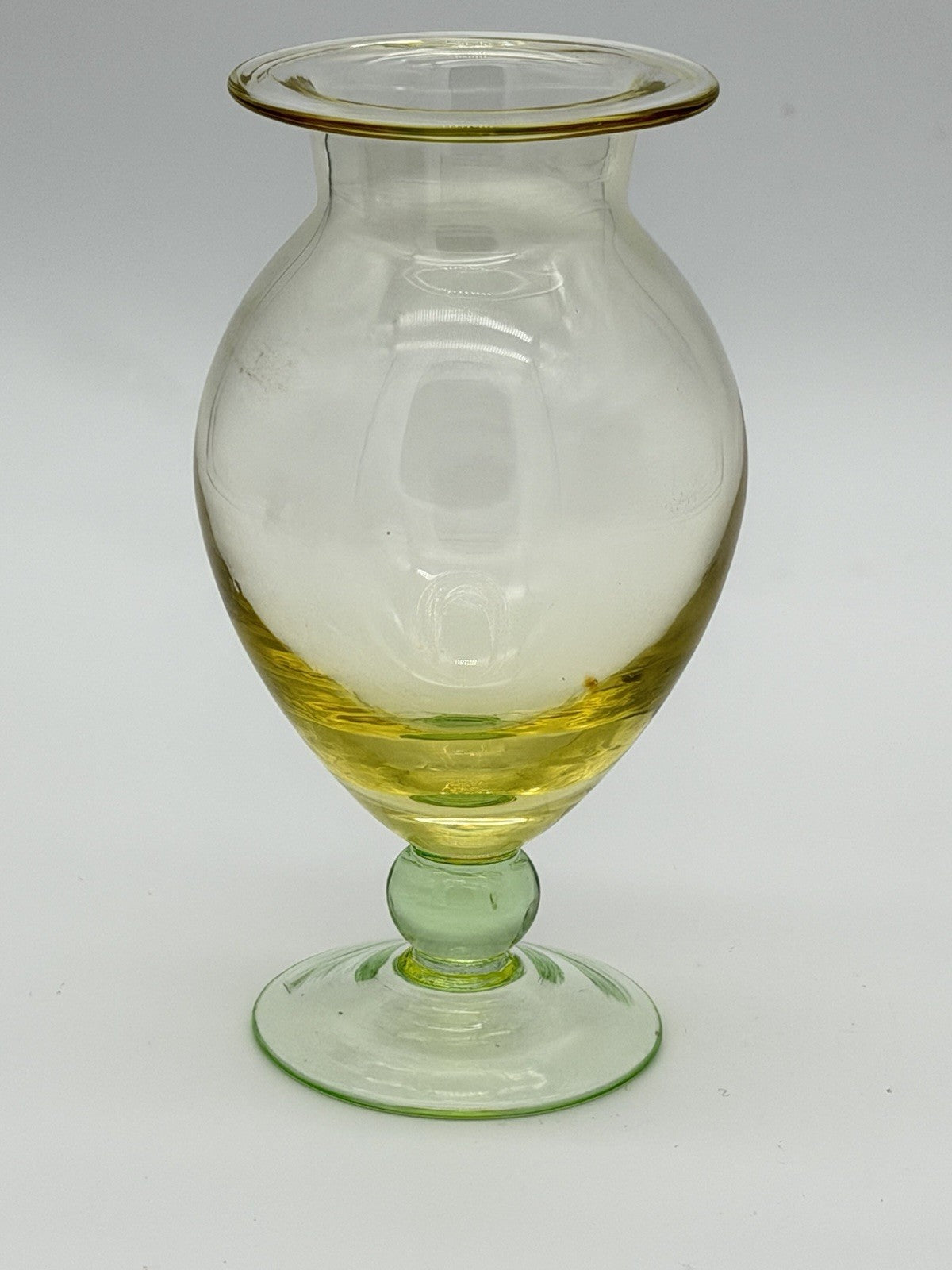 Vintage Tiffin art glass yellow w/green footed base Flower Vase 7”H Pedestal