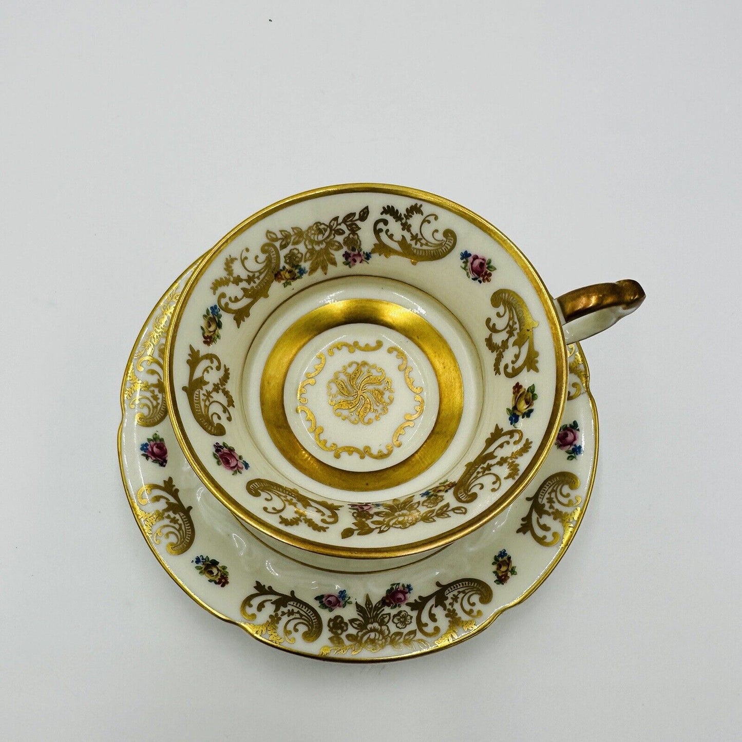 Hertel-Jacob Rehau Teacup Saucer Bavaria Porcelain 9624 Floral Gold Trim German