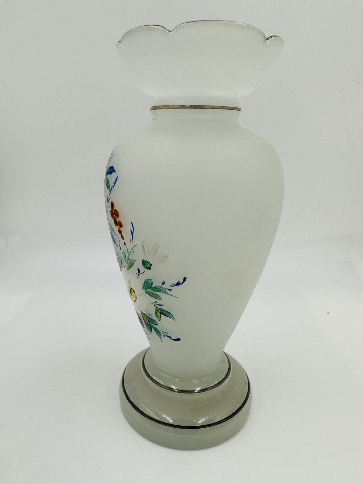 Vase Victorian Bristol Opaline Floral Hand Blown & Hand-Painted on White Decor