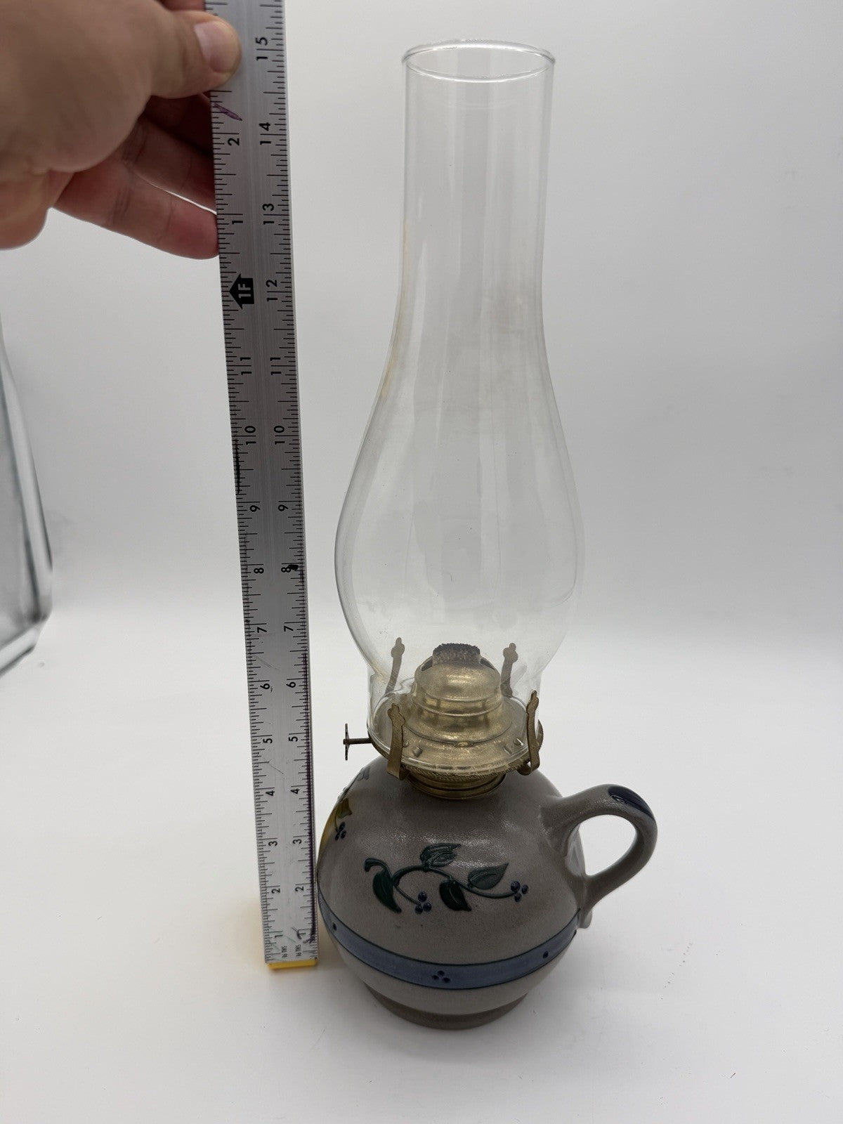 Rare Rowe Pottery Works Salt Glazed USA Oil Lamp Floral Pattern Painted 15”