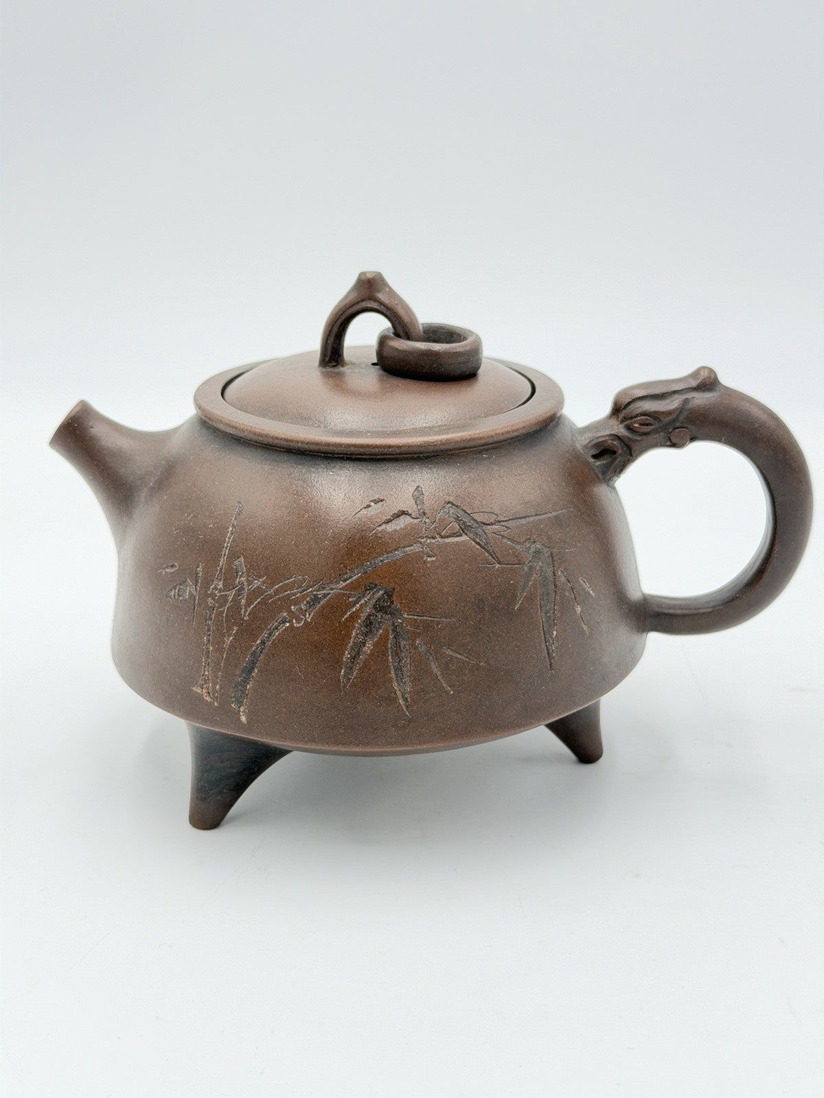 Chinese Yixing Zisha Art Pottery Clay Teapot  Bamboo Sage Engraving Footed
