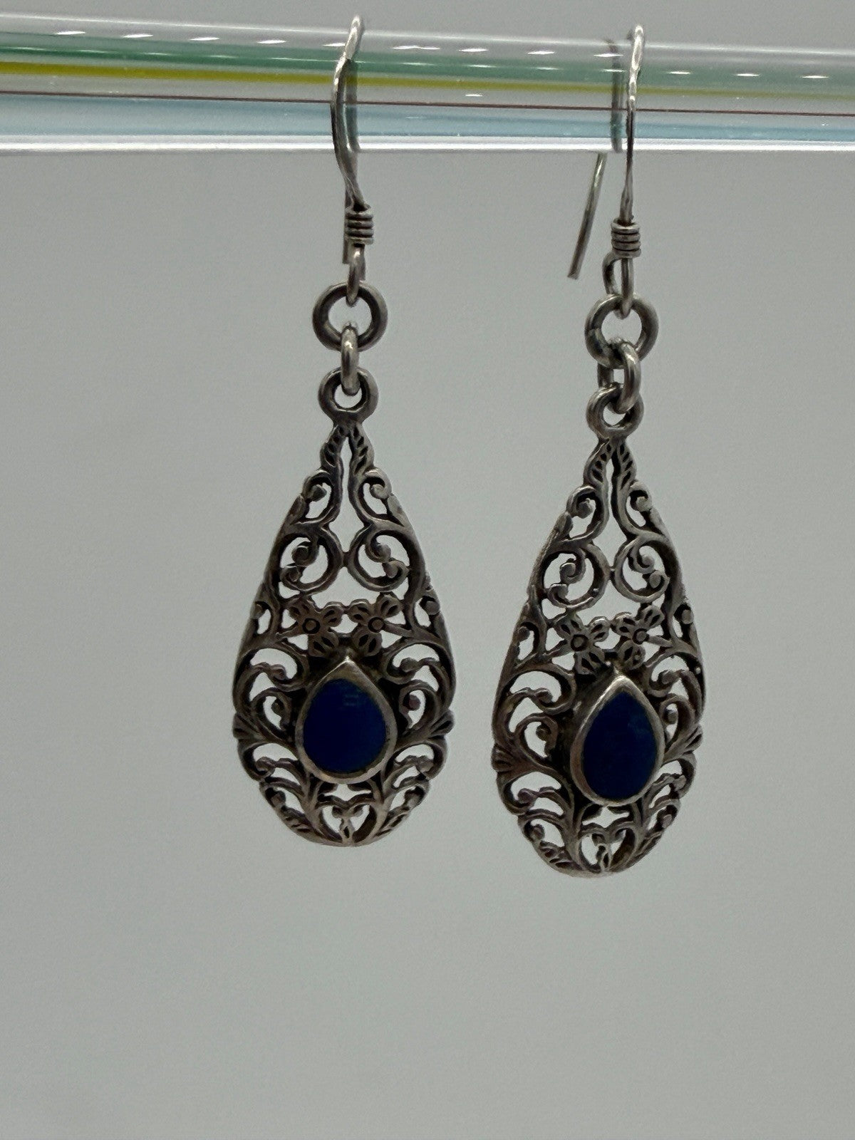 Sterling Silver Filigree with Blue Accent Stone Dangle Earrings