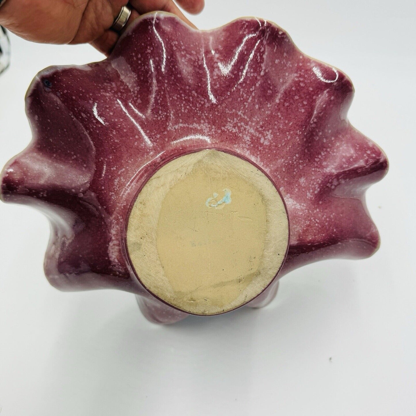 Rare Studio Art Pottery Shell Large Candle Holder MCM Vintage Pink Purple Signed