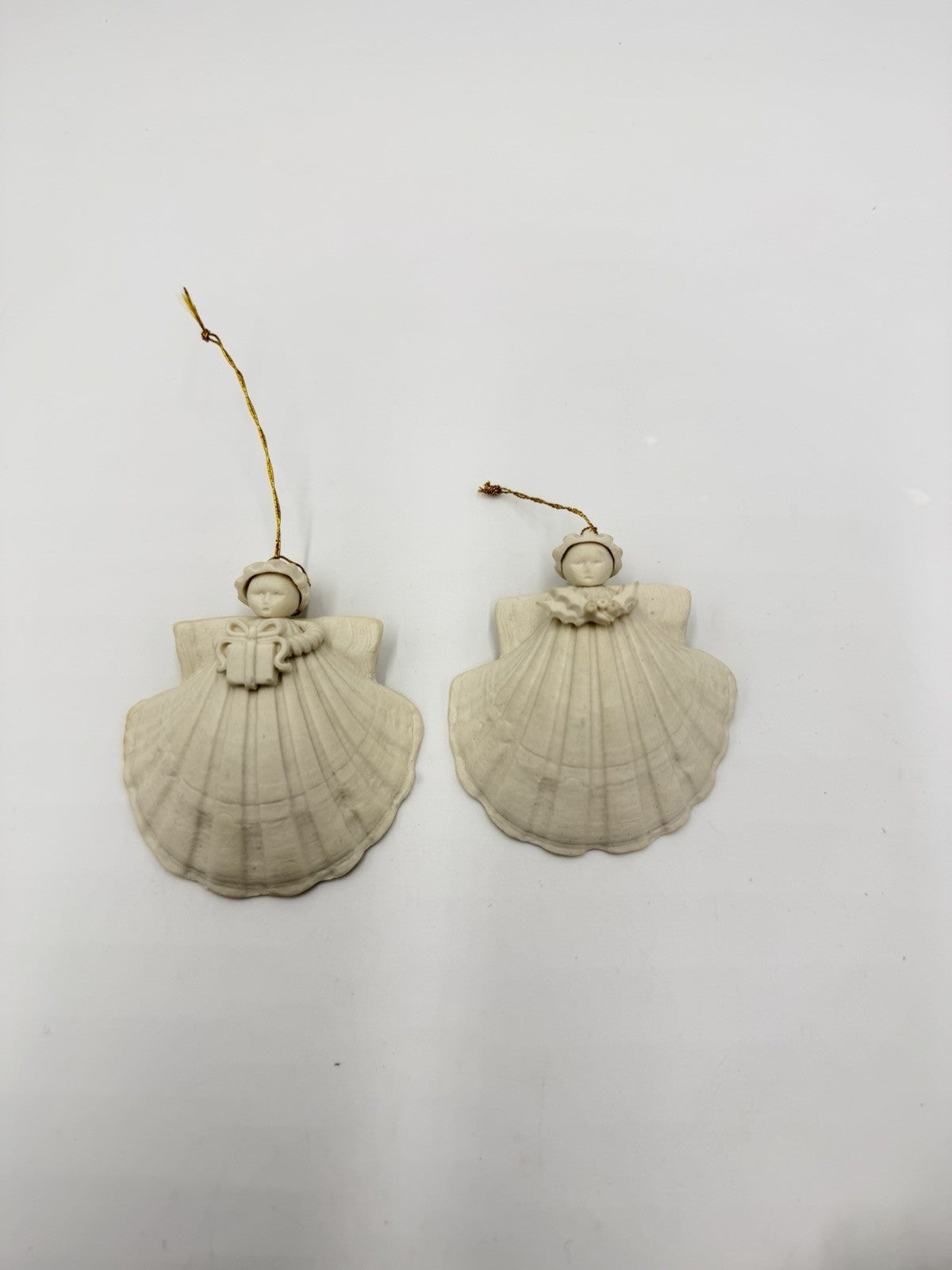 Margaret Furlong White Bisque Shell Angel Porcelain W/ Gift & Holly Ornaments 2