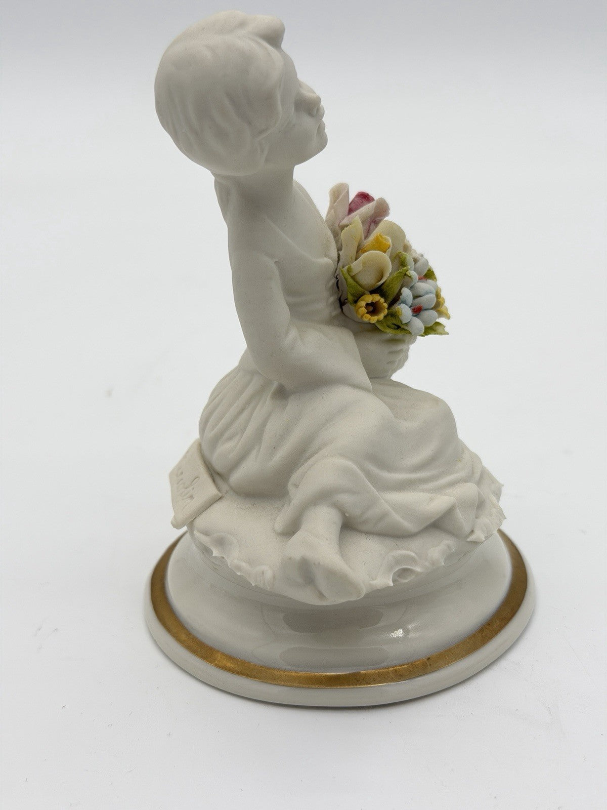 Capodimonte Italy White Bisque Porcelain Signed Marcolin Girl W/flowers Figurine