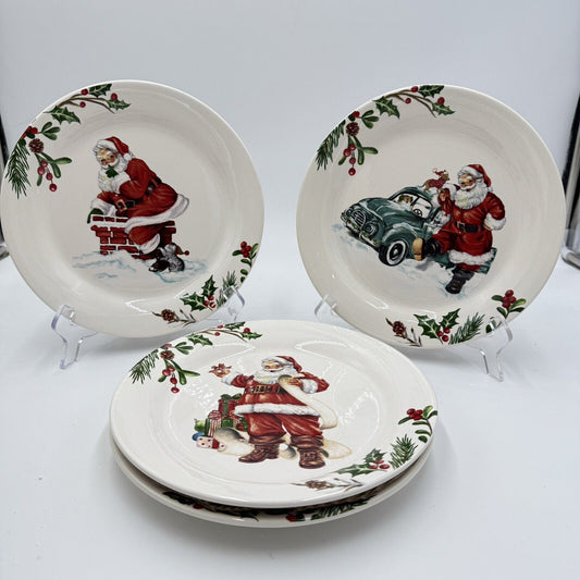 Pier 1 Ironstone Winter Wonders 9" Salad Plate 4 Different Santas White Red Rare