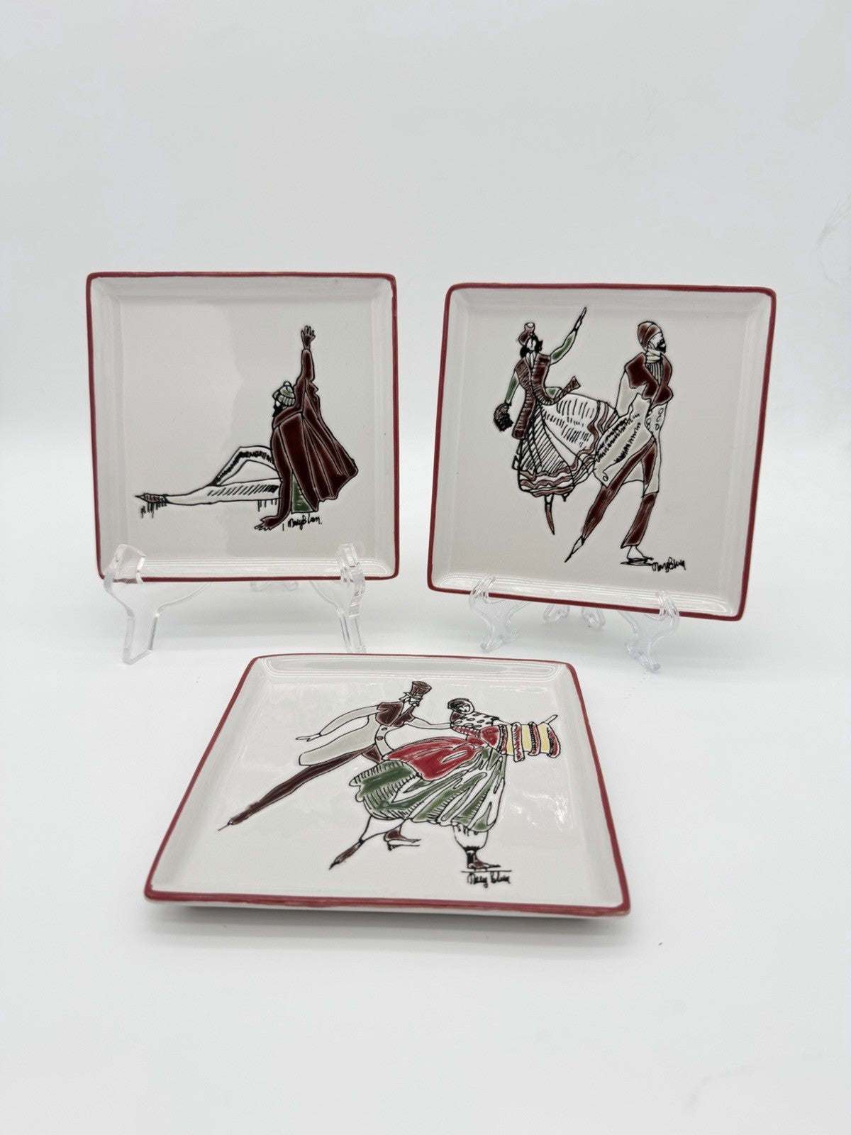Rare Mary Blair Signed Stoneware Square Skating On Ice Trays Victorian Couples