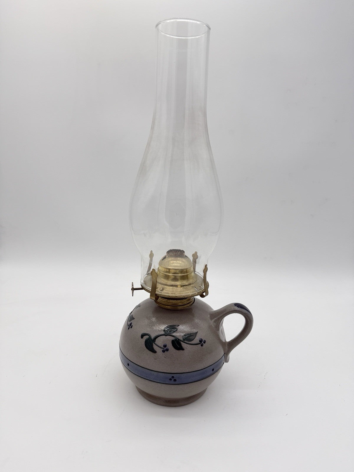 Rare Rowe Pottery Works Salt Glazed USA Oil Lamp Floral Pattern Painted 15”