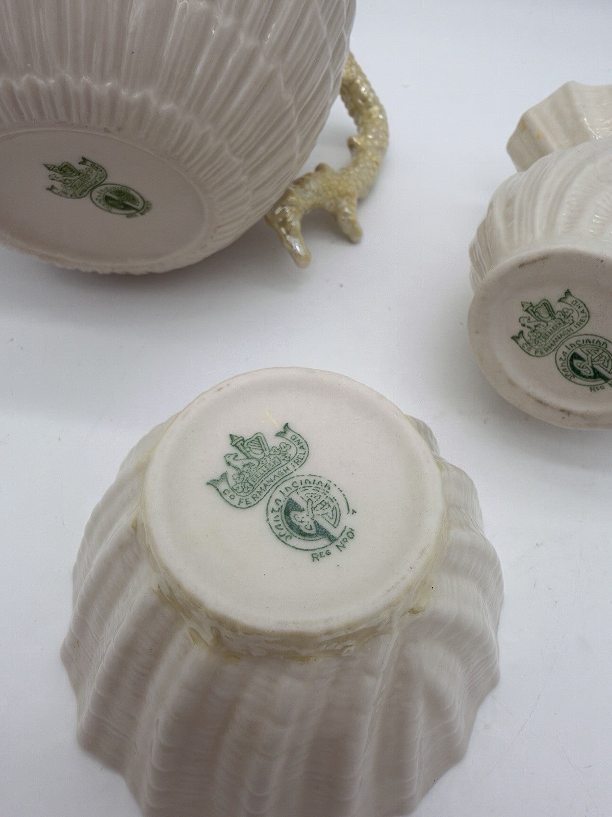 Belleek Ireland Limpet Shell Pattern Teapot Creamer &sugar Bowl 2nd Green Mark