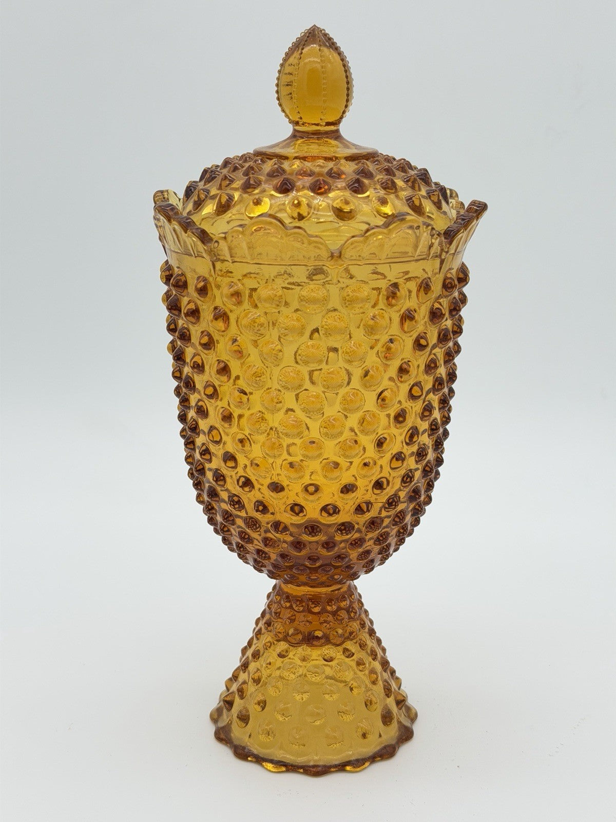 Fenton Art Glass Hobnail Colonial Amber Candy Dish With Lid 11”H Vintage USA