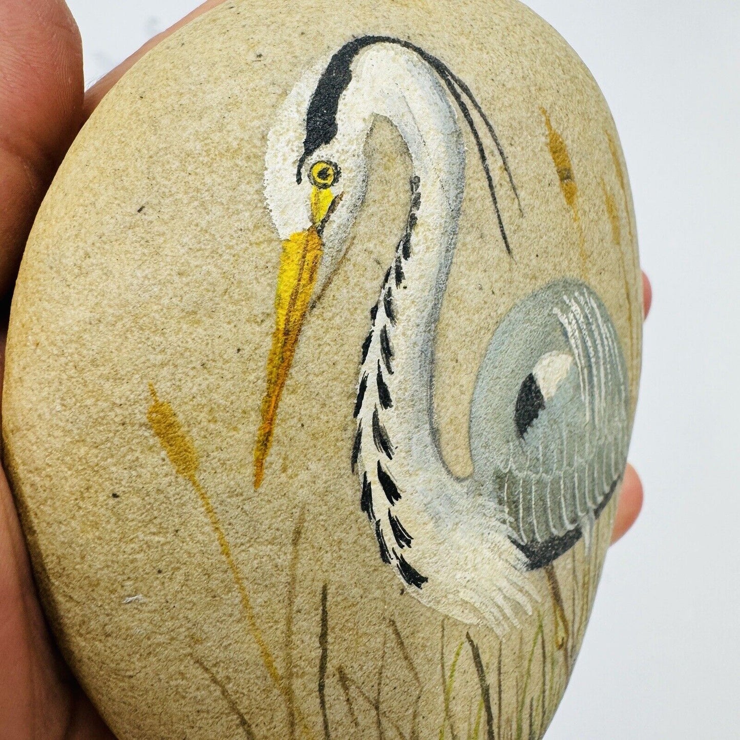 Original Oil Painting On Rock Heron Signed 5in Oval Smooth Nature Artwork Canada