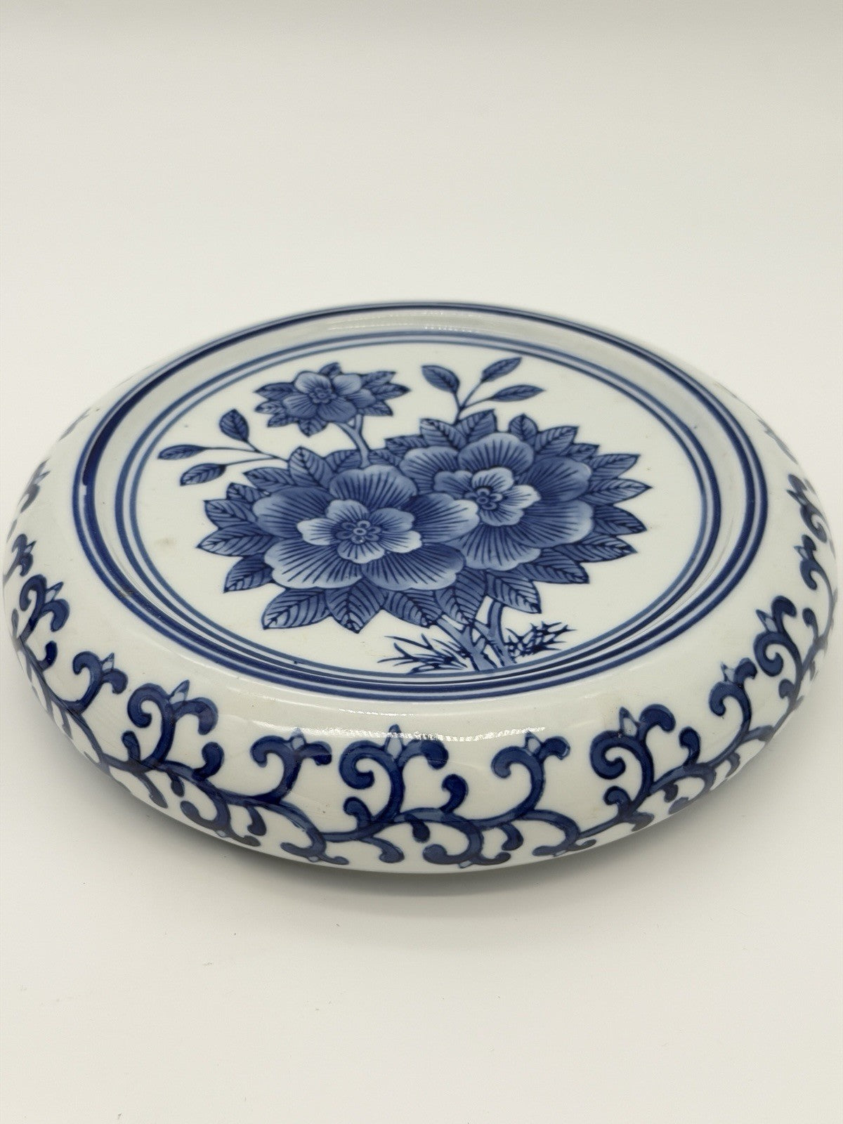 Vintage Chinese Round Base Plant Stand Trivet Blue/white Chinoiserie Porcelain