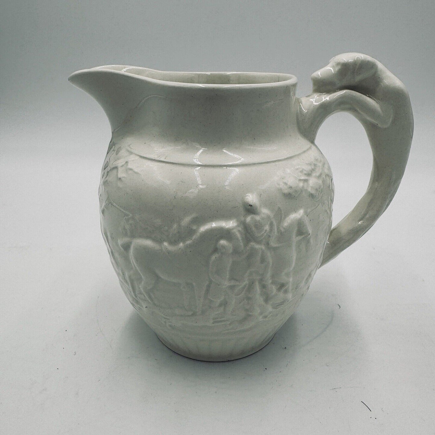 Wedgwood Etruria 4.5” Pitcher Grazed White Hunting Scene Embossed #36 Antique