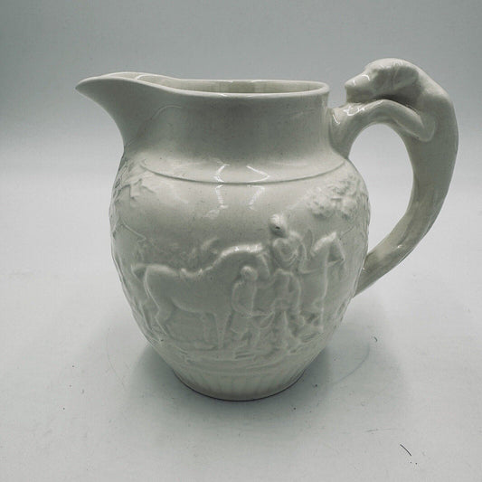 Wedgwood Etruria 4.5” Pitcher Grazed White Hunting Scene Embossed #36 Antique