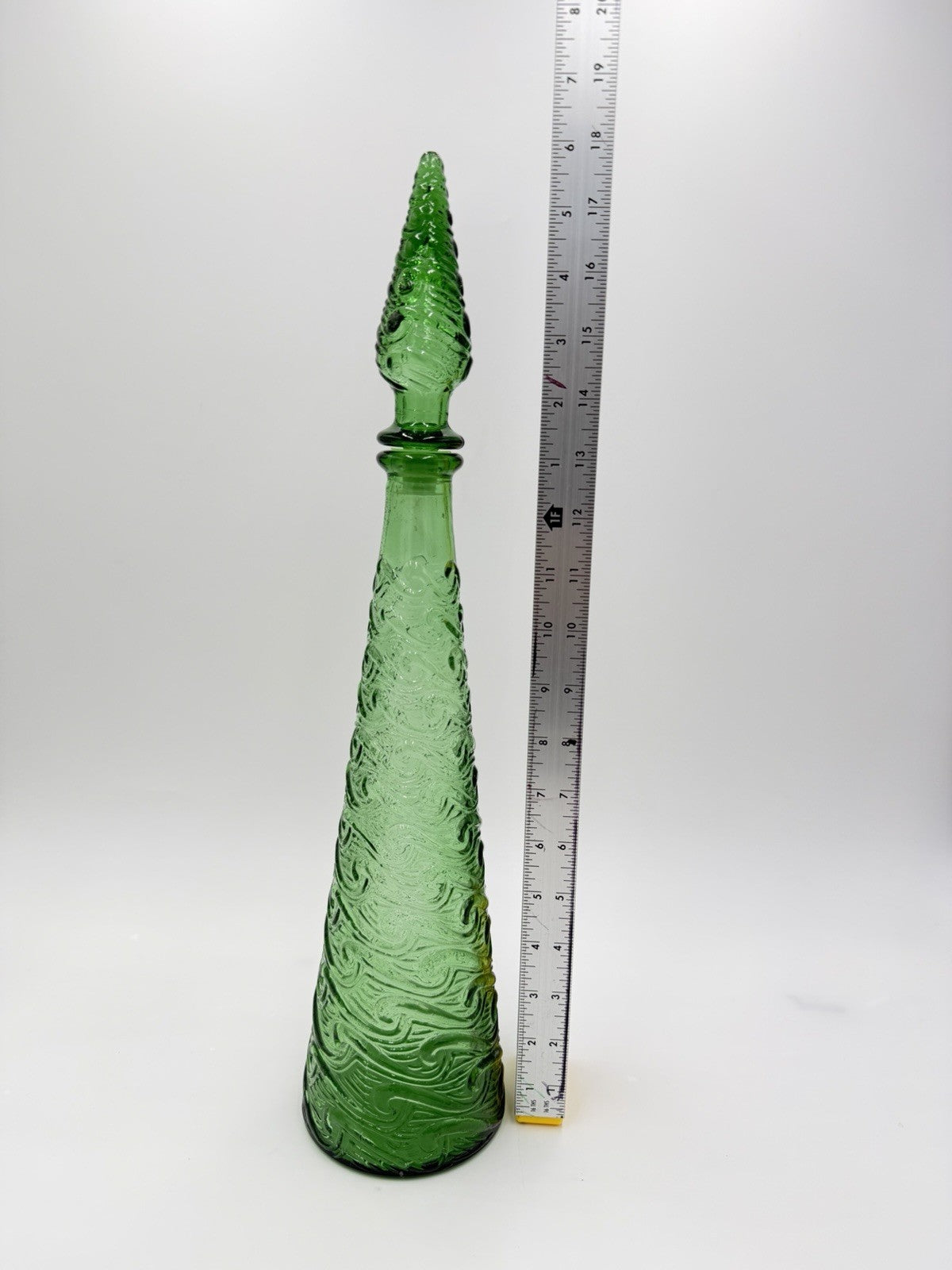 MCM Empoli Art Glass Green Wave Genie Bottle Decanter Hobnail Stopper Italy