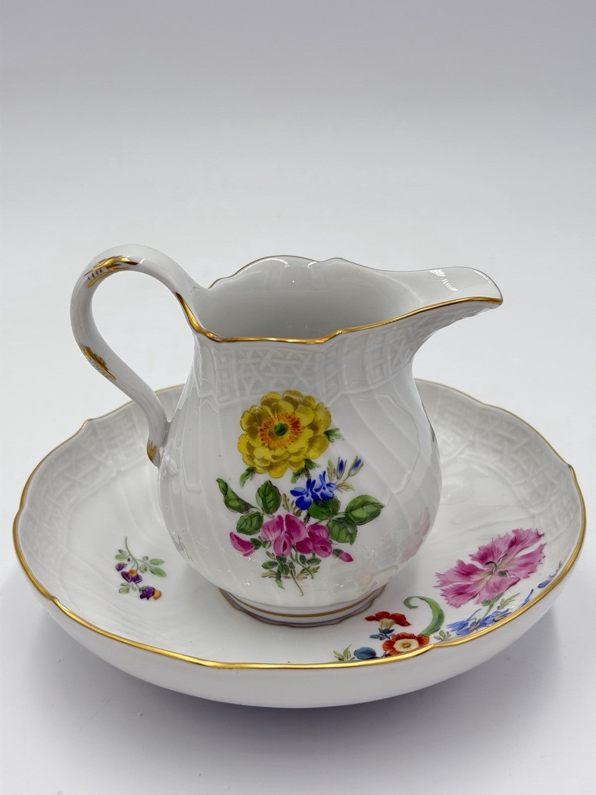 Antique Meissen Neubrandenstein Germany Porcelain Creamer & Saucer Set Floral